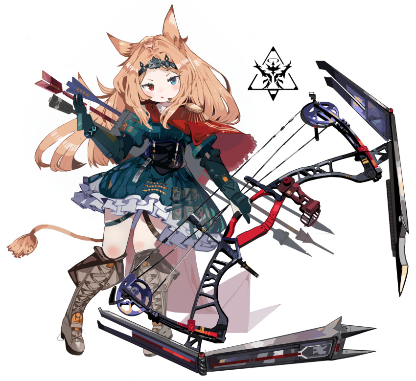 animal_ears archetto_(arknights) arknights arrow_(projectile) blue_eyes boots bow_(weapon) brown_footwear compound_bow dress female green_dress heterochromia highres holding holding_bow_(weapon) holding_weapon looking_at_viewer open_mouth quiver red_eyes ryu_(17569823) simple_background solo tail thigh_strap tiara weapon white_background