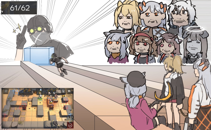 2boys 6+girls :| angelina_(arknights) animal_ears arknights bad_id bad_twitter_id bagpipe_(arknights) bandana black_eyes black_jacket blonde_hair brown_eyes brown_hair closed_mouth coat dragon_horns emphasis_lines eyjafjalla_(arknights) fox_ears game_screenshot gameplay_mechanics gloves goggles grey_hair hair_ornament hairband halo haqlue highres holding holding_staff horns jacket leopard_ears lion_ears lion_tail multiple_boys multiple_girls official_alternate_costume orange_eyes owl_ears pink_eyes ptilopsis_(arknights) ptilopsis_(serenity)_(arknights) purple_shirt red_eyes red_hairband reunion_soldier_(arknights) salute saria_(arknights) screenshot_inset sheep_ears sheep_horns shirt siege_(arknights) silverash_(arknights) sitting staff standing star_(symbol) star_hair_ornament tail truth white_coat white_hair wraith_(arknights)