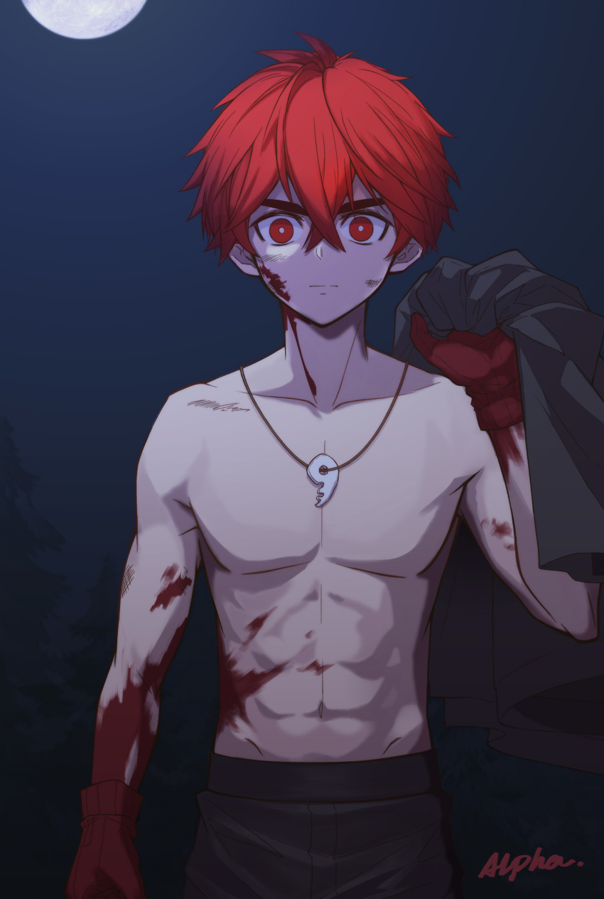 1boy absurdres bare_arms bare_shoulders blood commentary_request highres holding jewelry kemono_jihen kusaka_kabane looking_at_viewer magatama magatama_necklace male_focus moon muscular muscular_child muscular_male necklace night outdoors pectorals red_eyes red_hair shuangjiangluyin solo topless_male