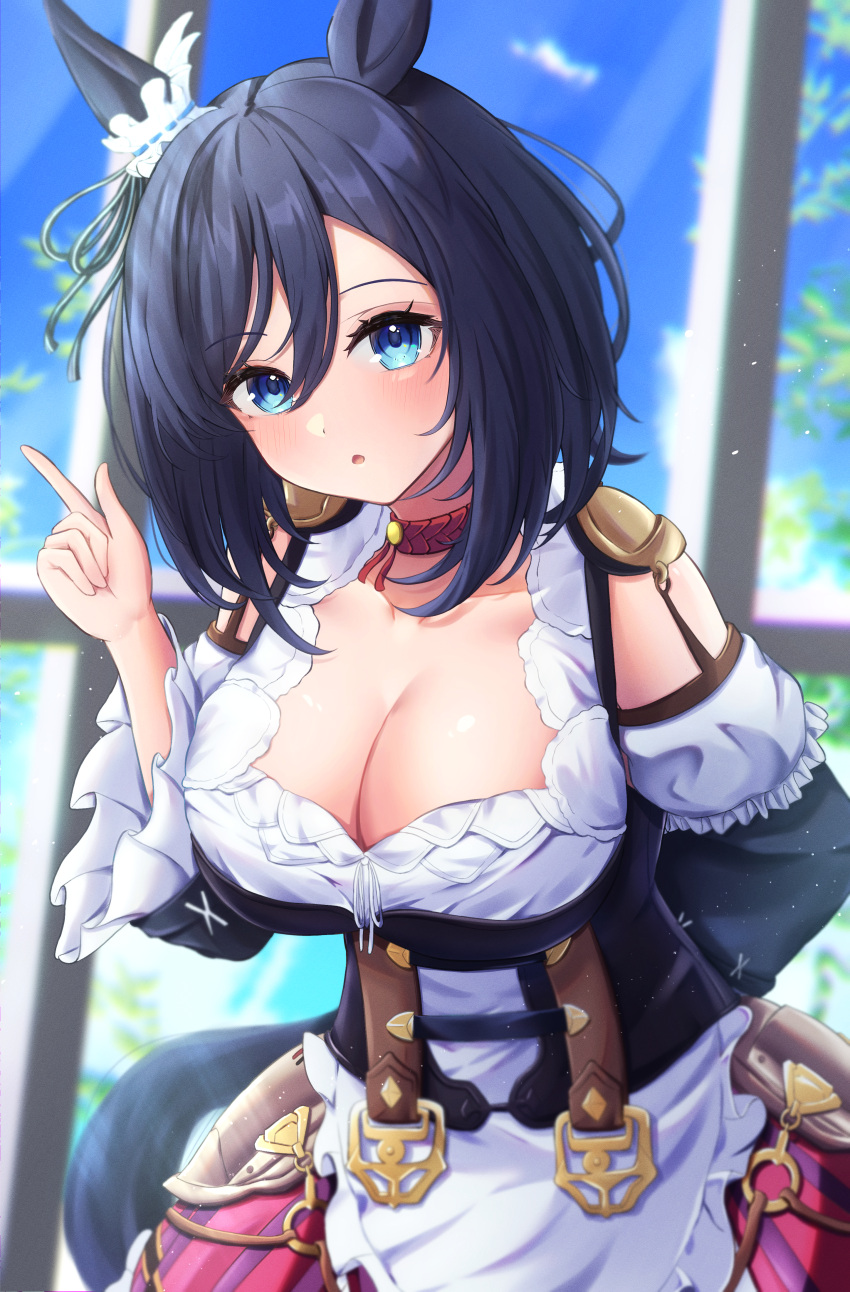 :o absurdres animal_ears apron black_hair blue_eyes blurry blurry_background blush bob_cut breasts cleavage collarbone commentary depth_of_field eishin_flash_(umamusume) female frilled_apron frilled_sleeves frills hair_between_eyes hand_up highres horse_ears horse_girl horse_tail index_finger_raised large_breasts layered_sleeves leaning_forward long_sleeves looking_at_viewer neko_punch_(user_hddm3373) parted_lips pleated_skirt puffy_short_sleeves puffy_sleeves shirt short_hair short_over_long_sleeves short_sleeves skirt solo swept_bangs tail umamusume waist_apron white_apron white_shirt wide_sleeves window