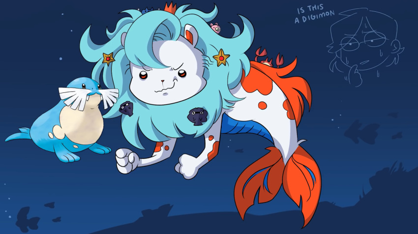 ambiguous_gender bangs blue_hair crown drawfee drawfee_(copyright) duo english_text fakemon felid feral fin fish fist fur generation_3_pokemon hair headgear hi_res hybrid karina_farek karina_farek_(character) lion mammal marine markings nintendo orange_fin orange_markings pantherine pokemon pokemon_(species) sealeo sealeo_(karina_farek) spots spotted_body tail tail_fin text underwater water white_body white_fur