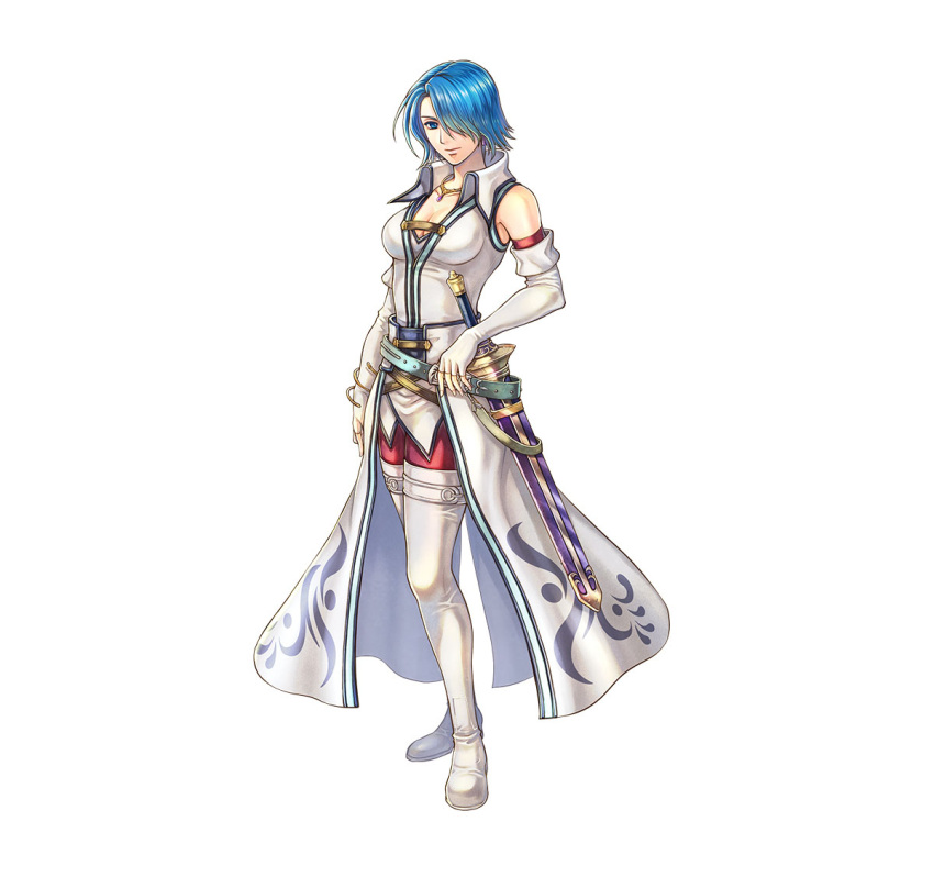 blue_eyes blue_hair boots breasts cleavage elbow_gloves female fingerless_gloves fire_emblem fire_emblem:_radiant_dawn fire_emblem_heroes full_body gloves hair_over_one_eye hand_on_sheath jewelry leggings looking_at_viewer lucia_(fire_emblem) medium_breasts necklace sheath short_hair smile solo sword takaya_tomohide thigh_boots waistcoat weapon white_footwear