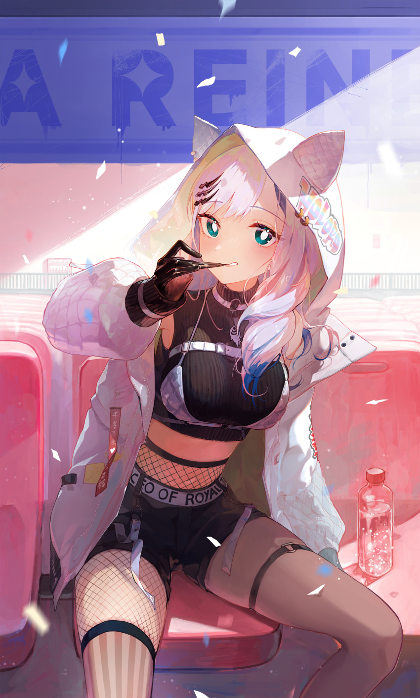 absurdres bad_id bad_twitter_id crop_top female fishnets gloves happyongdal highres hololive hololive_indonesia hood hoodie long_hair multicolored_hair navel official_alternate_costume pavolia_reine pavolia_reine_(streetwear) virtual_youtuber