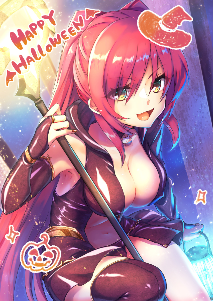 bad_id bad_pixiv_id breasts brown_eyes choker cleavage elbow_gloves female gloves halloween highres kousaka_tamaki lantern large_breasts long_hair long_sleeves nakajima_kotoko navel open_mouth red_hair single_thighhigh sleeveless solo staff thighhighs to_heart_(series) to_heart_2 trick_or_treat