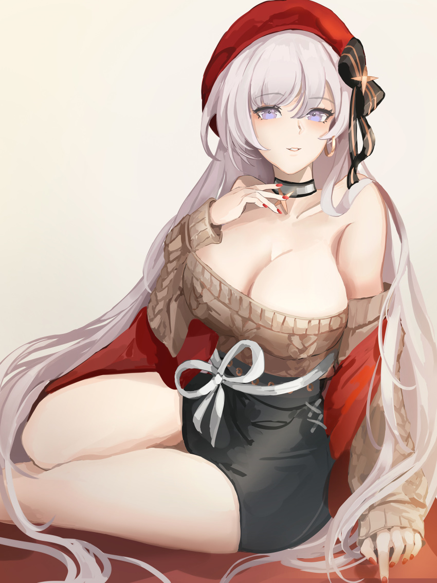 absurdres azur_lane bare_shoulders belfast_(azur_lane) belfast_(shopping_with_the_head_maid)_(azur_lane) breasts cleavage commentary earrings female grey_hair grin highres huge_breasts jewelry lielac long_hair looking_at_viewer official_alternate_costume pencil_skirt photoshop_(medium) purple_eyes red_nails sitting skirt sleeves_past_wrists smile solo very_long_hair yokozuwari