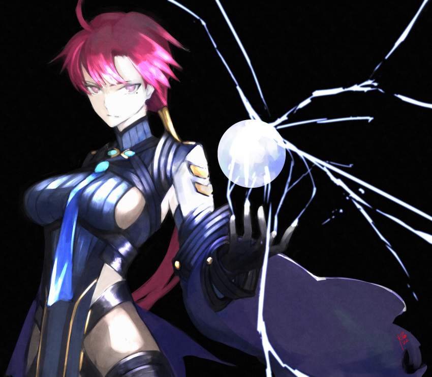 bazett_fraga_mcremitz black_bodysuit bodysuit breasts fate/grand_order fate_(series) female fragarach_(fate) highres large_breasts long_hair looking_at_viewer low_ponytail manannan_mac_lir_(fate) moedredd parted_bangs pelvic_curtain red_eyes red_hair solo