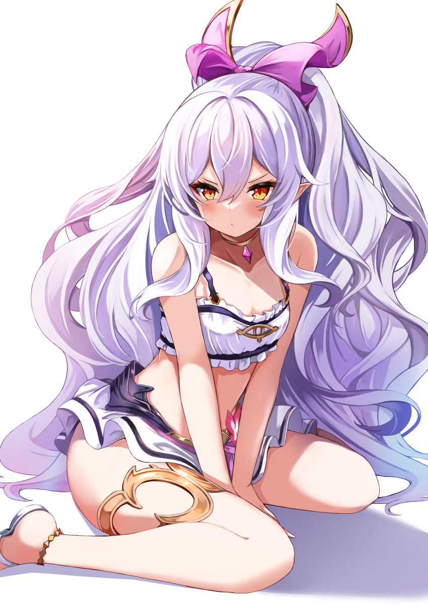 absurdres bare_arms bare_shoulders bikini blush closed_mouth collarbone commentary female granblue_fantasy grey_footwear grey_hair hair_between_eyes hair_ribbon highres looking_at_viewer medusa_(shingeki_no_bahamut) medusa_(summer)_(granblue_fantasy) pink_ribbon ponytail red_eyes ribbon sandals shadow shibakame simple_background sitting solo swimsuit v-shaped_eyebrows wariza white_background white_bikini