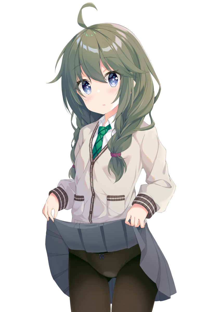 absurdres ahoge ass_visible_through_thighs black_pantyhose blue_eyes blush bow bow_panties braid cardigan clothes_lift collared_shirt commentary_request cowboy_shot female green_hair green_necktie grey_cardigan grey_skirt hair_between_eyes hair_over_shoulder head_tilt highres lifting_own_clothes long_hair long_sleeves looking_at_viewer lr_(last_remote_514) necktie panties panties_under_pantyhose pantyhose parted_lips pleated_skirt princess_connect! school_uniform shirt simple_background skirt skirt_lift sleeves_past_wrists solo standing twin_braids underwear white_background white_panties white_shirt yuni_(princess_connect!) yuni_(real)_(princess_connect!)