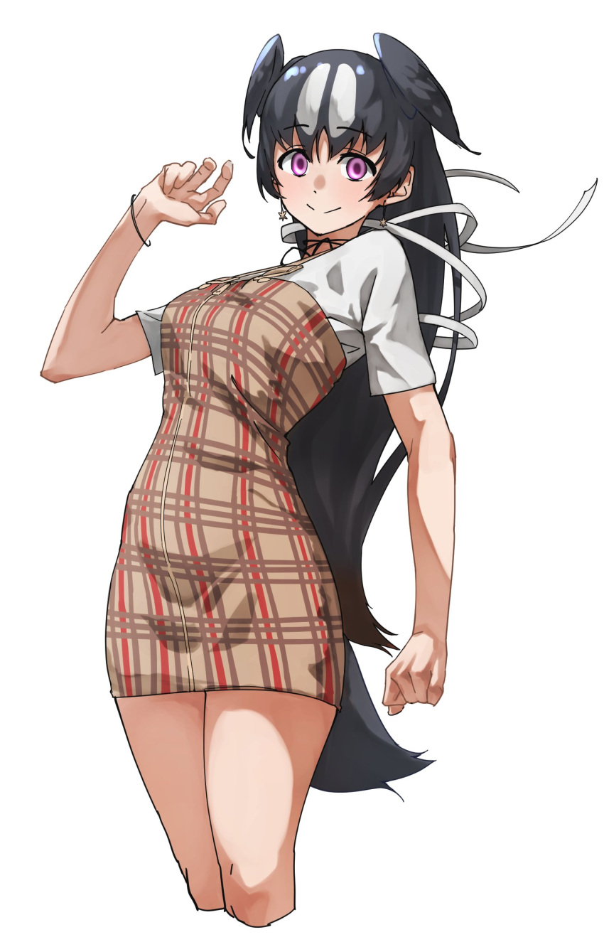 alternate_costume black_hair black_neckwear bracelet brown_dress casual commentary_request cowboy_shot cropped_legs dress female great_auk_(kemono_friends) hair_tie highres jewelry kemono_friends long_hair multicolored_hair pencil_dress purple_eyes shirt short_sleeves simple_background solo t-shirt tanabe_(fueisei) two-tone_hair white_background white_hair white_shirt