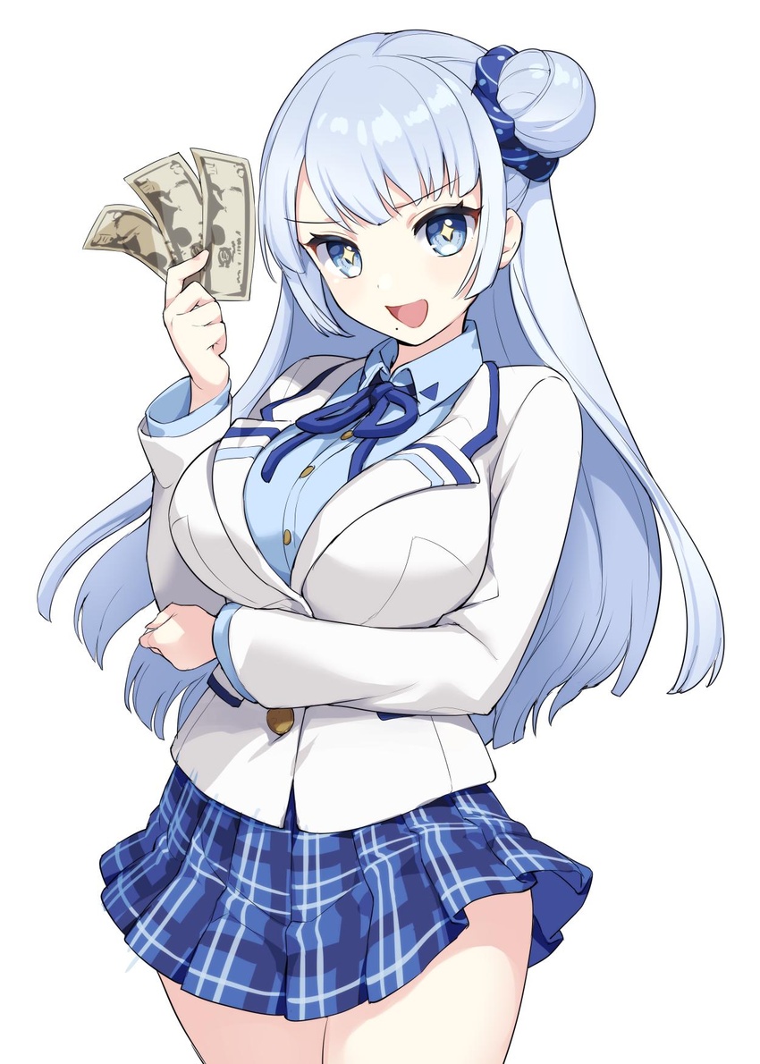 bad_id bad_twitter_id blue_eyes blue_ribbon blue_scrunchie blue_shirt blue_skirt breasts commentary female gomashio_ponz hair_bun hair_ornament hair_scrunchie highres holding holding_money jacket large_breasts long_hair long_sleeves looking_at_viewer money nijisanji open_mouth polka_dot polka_dot_scrunchie ribbon scrunchie setsuna_(2nd_costume)_(nijisanji) setsuna_(nijisanji) shirt simple_background single_hair_bun skirt smile solo virtual_youtuber white_background white_jacket