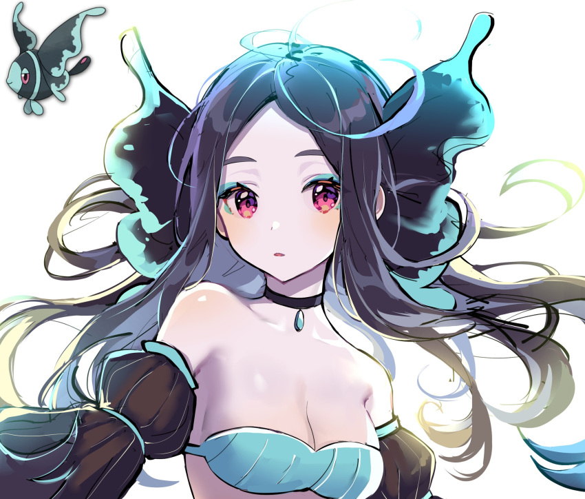 bad_id bad_twitter_id bare_shoulders black_hair blue_eyeshadow breasts choker cleavage collarbone commentary creature_and_personification eyebrows eyeshadow female fish ha_youn highres long_hair looking_at_viewer lumineon makeup pale_skin parted_lips personification pokemon pokemon_(creature) simple_background small_breasts solo symbol-only_commentary upper_body white_background