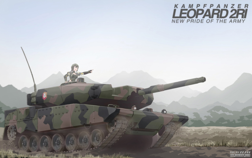 black_hair breasts camouflage caterpillar_tracks commentary ebr-kii female grass indonesia indonesian_army leopard_2 military military_vehicle motor_vehicle mountain original outdoors phantasy_star phantasy_star_online_2 photoshop_(medium) short_hair sky tank