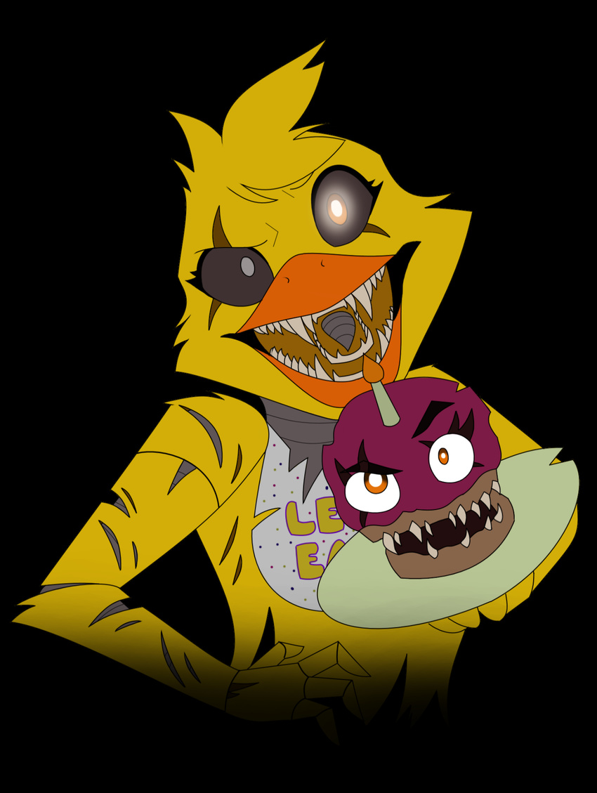 2017 animatronic anthro avian bird chicken cristalwolf567 dreamworks_smirk duo five_nights_at_freddy's five_nights_at_freddy's_4 galliform gallus_(genus) glowing glowing_eyes hi_res machine mammal nightmare_chica_(fnaf) nightmare_cupcake_(fnaf) phasianid robot robotic_tongue scottgames teeth