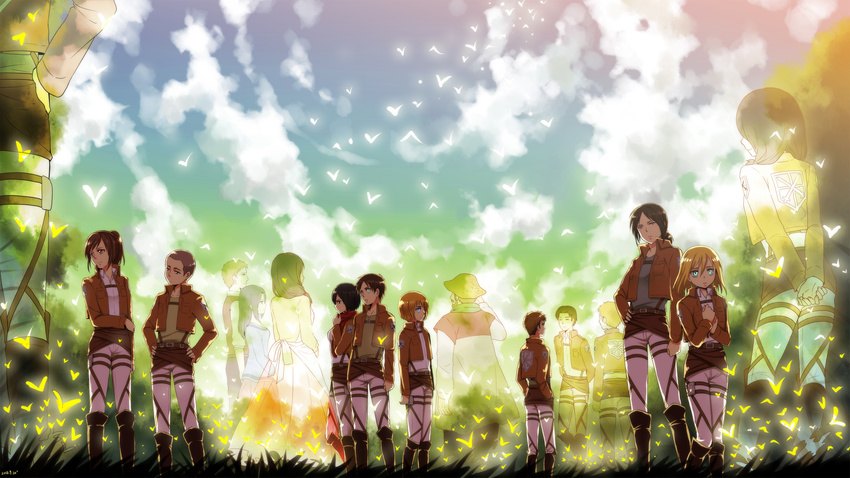 6+boys 6+girls apron armin_arlert belt black_eyes black_hair blonde_hair blue_eyes boots brown_eyes brown_hair buckle carla_yeager closed_eyes commentary_request connie_springer emblem eren_yeager ghost grass hand_on_own_hip hands_on_own_hips hat highres jacket jean_kirstein krista_lenz long_hair long_sleeves marco_bott mikasa_ackerman military military_uniform mina_carolina moxue_qianxi multicolored_hair multiple_boys multiple_girls outdoors paradis_military_uniform photoshop_(medium) ponytail sasha_blouse scarf shingeki_no_kyojin short_hair smile spoilers thigh_strap training_corps_(emblem) twintails two-tone_hair uniform ymir_(shingeki_no_kyojin)