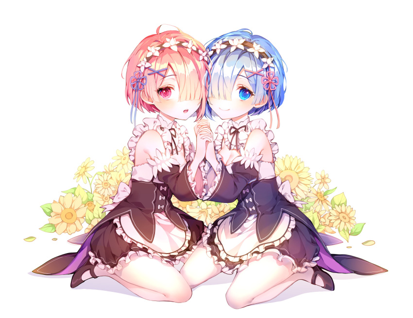 2girls absurdres bad_id bad_twitter_id blue_eyes blue_hair blush breasts cleavage closed_mouth flower ha_youn hair_ornament hair_over_one_eye highres holding_hands large_breasts looking_at_viewer maid multiple_girls pantyhose parted_lips pink_eyes pink_hair ram_(re:zero) re:zero_kara_hajimeru_isekai_seikatsu rem_(re:zero) roswaal_mansion_maid_uniform seiza short_hair siblings sisters sitting smile twins white_legwear x_hair_ornament