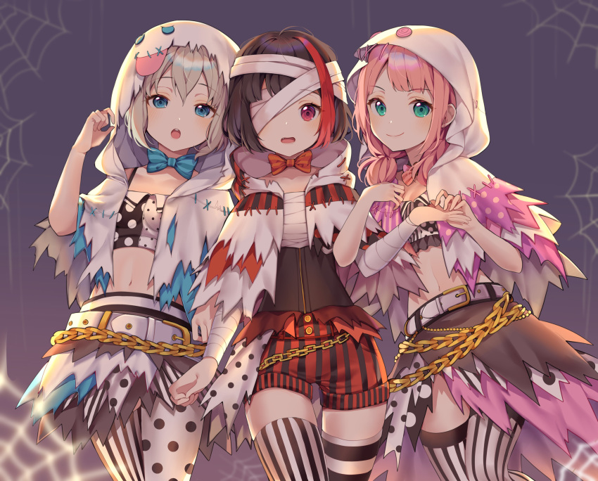 3girls :d :o absurdres aoba_moca bad_id bad_twitter_id bandage_over_one_eye bandaged_arm bandages bang_dream! belt black_thighhighs blue_bow blue_eyes blush bow breasts brown_hair closed_mouth green_eyes grey_hair ha_youn highres looking_at_viewer medium_breasts mitake_ran multicolored_hair multiple_girls navel open_mouth parted_lips pink_hair polka_dot polka_dot_legwear red_eyes red_hair short_hair smile striped_clothes striped_thighhighs thighhighs uehara_himari vertical-striped_clothes vertical-striped_thighhighs white_legwear