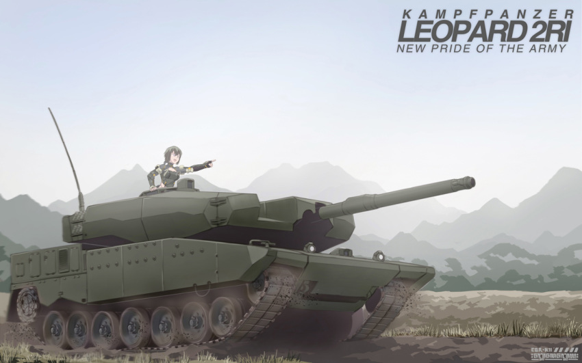 black_hair breasts caterpillar_tracks commentary ebr-kii female grass indonesia indonesian_army leopard_2 military military_vehicle motor_vehicle mountain original outdoors phantasy_star phantasy_star_online_2 photoshop_(medium) short_hair sky tank