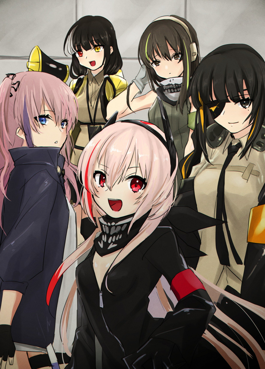 5girls absurdres anti-rain_(girls'_frontline) bandana commentary_request eyepatch fingerless_gloves girls'_frontline gloves headphones heterochromia highres jacket korean_commentary m16a1_(girls'_frontline) m4_sopmod_ii_(girls'_frontline) m4a1_(girls'_frontline) mask megaphone multiple_girls ro635_(girls'_frontline) skull_mask sleeveless st_ar-15_(girls'_frontline) tuguoji wall