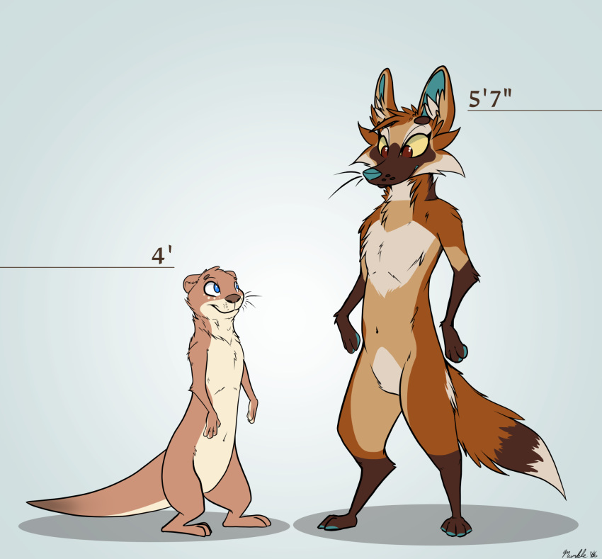 2018 anthro canid canine digital_media_(artwork) duo facial_markings female fur head_markings hi_res male mammal maned_wolf markings model_sheet multicolored_body multicolored_fur mumble_bee mumblemaw mustelid otter shem simple_background size_difference smile standing