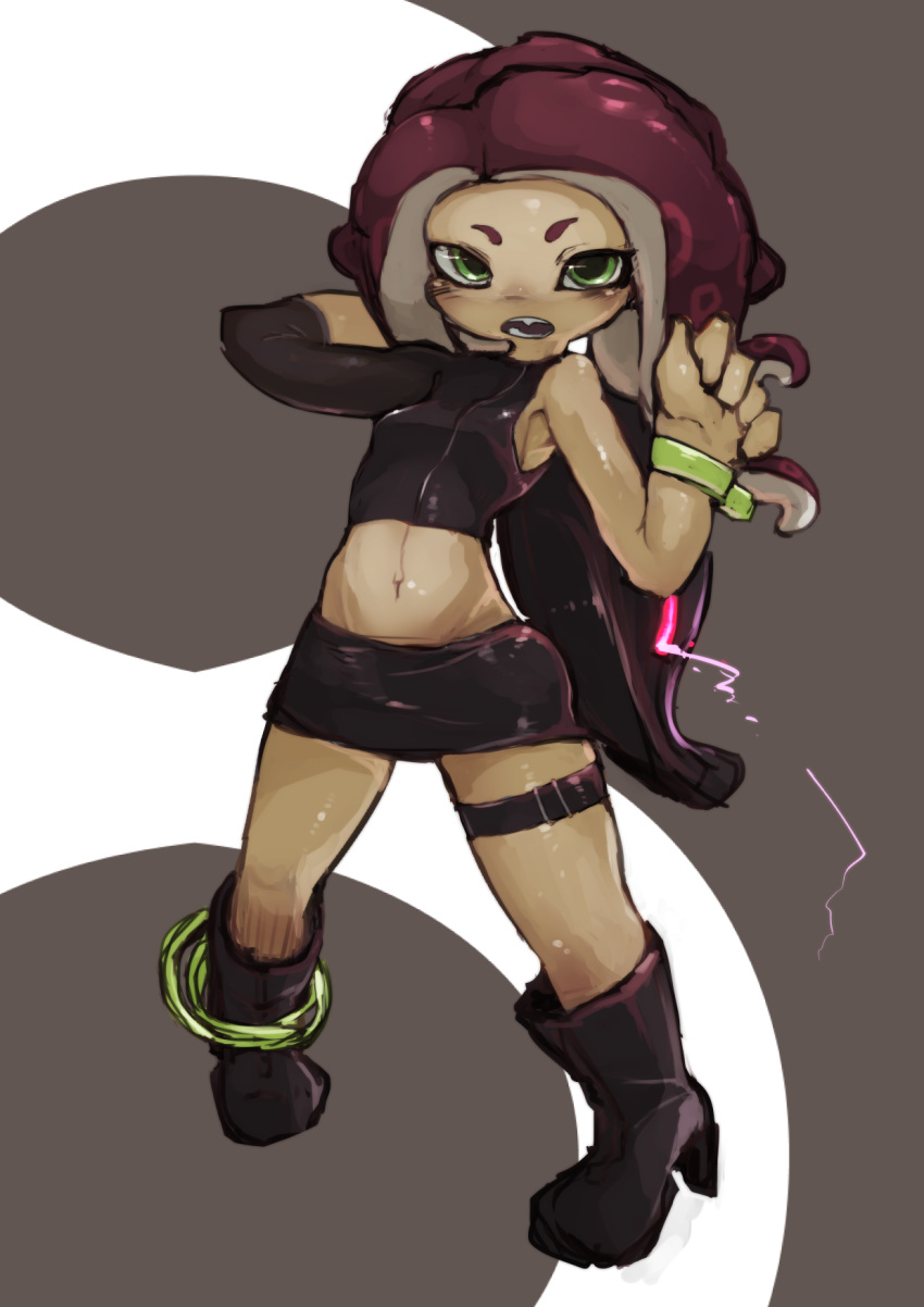 agent_8_(splatoon) armpits asymmetrical_sleeves boots breasts commentary_request female full_body green_eyes hands_up high_heel_boots high_heels highres looking_at_viewer md5_mismatch midriff navel octoling octoling_girl octoling_player_character open_mouth red_hair resolution_mismatch revision small_breasts solo source_larger source_mismatch splatoon_(series) splatoon_2 splatoon_2:_octo_expansion squidbeak_splatoon standing tentacle_hair uneven_sleeves wristband yeti_(mu_kaiten)