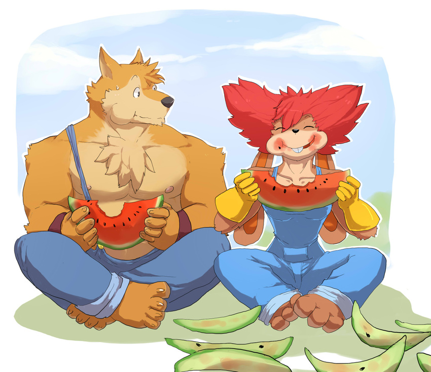 abs anthro better_version_at_source biceps canid canine canis chest_tuft claws clothing debbita duo female food fruit fur hair hare lagomorph leporid male mammal melon muscular nipples o-ro overalls paws pecs plant red_hair tuft watermelon wolf wristband wuffle wuffle_(webcomic)