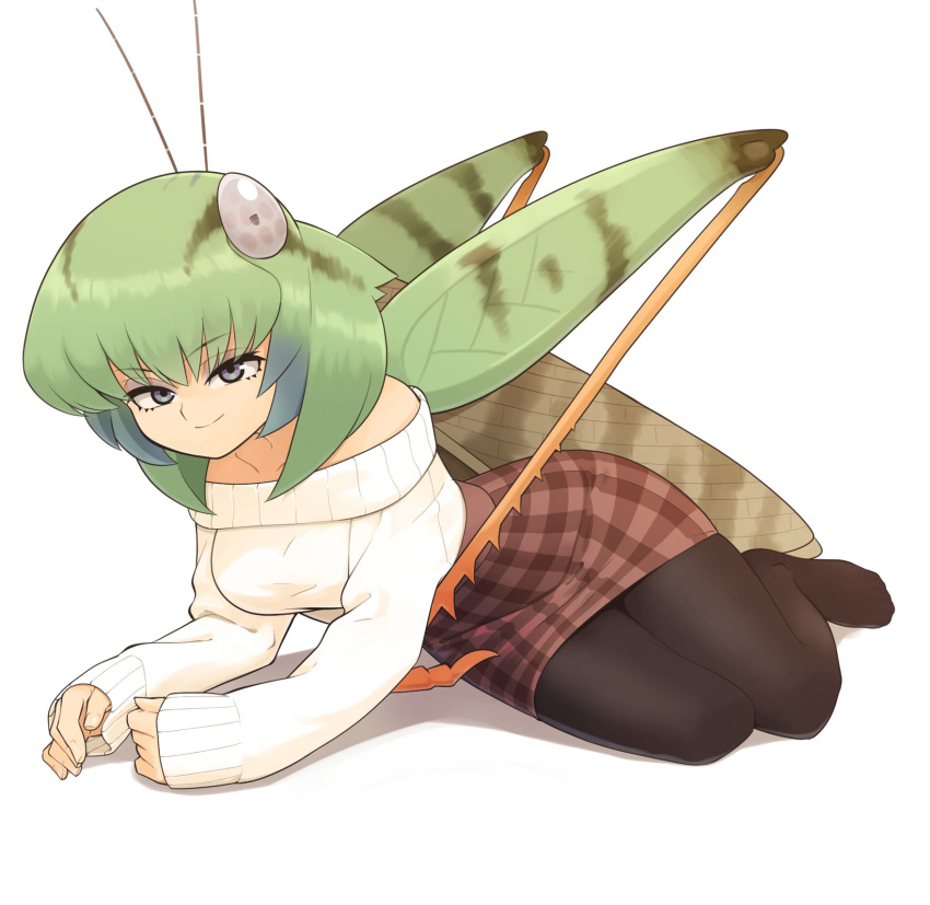 antennae arthropod_girl bare_shoulders breasts bug casual commentary evolvingmonkey female fingernails full_body grasshopper grasshopper_inoue green_hair grey_eyes highres legs_together light_smile long_sleeves looking_at_viewer lying medium_breasts medium_hair multicolored_hair no_shoes on_side original pantyhose plaid plaid_skirt ribbed_sweater simple_background skirt sleeves_past_wrists solo sweater two-tone_hair white_background