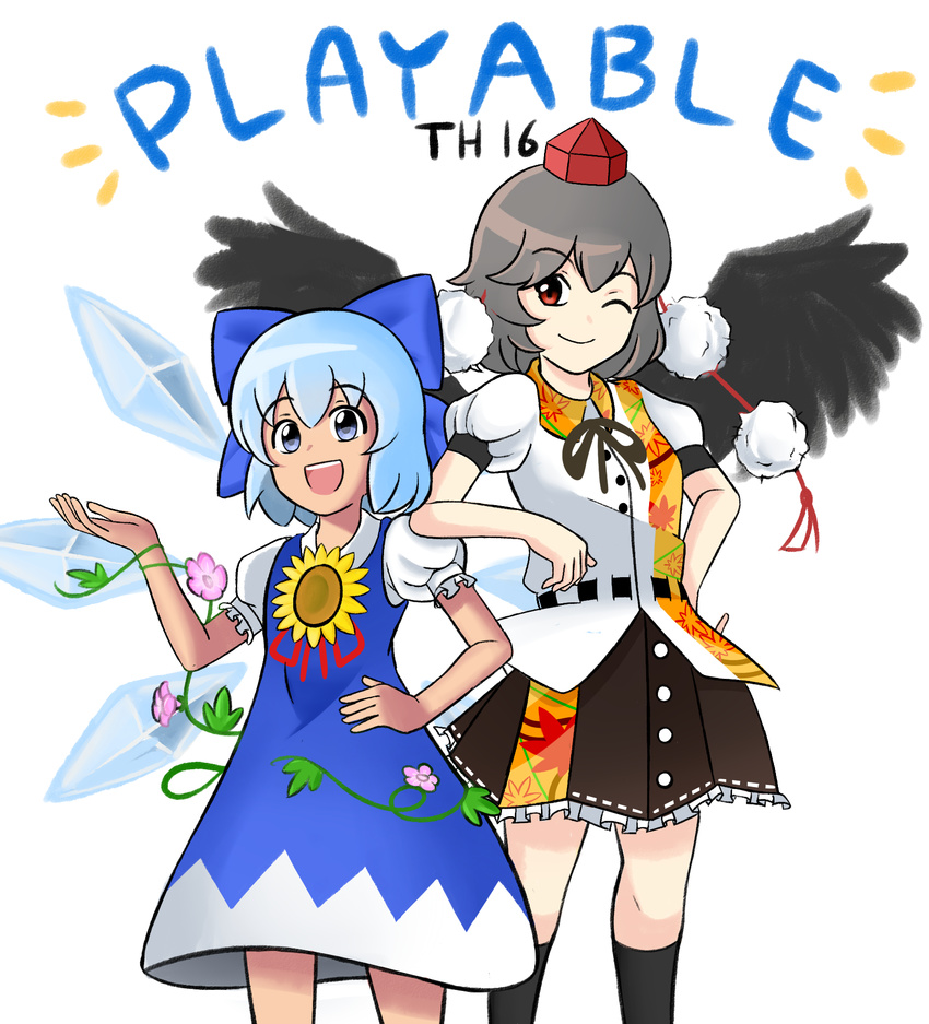 2girls :d ;) arm_on_another's_shoulder black_hair black_socks black_wings blue_dress blue_eyes blue_hair cirno commentary dress english_text fairy_wings flower gradient_ray hat hidden_star_in_four_seasons highres ice ice_wings kneehighs leaf_print multiple_girls one_eye_closed open_mouth pom_pom_(clothes) puffy_short_sleeves puffy_sleeves red_eyes ribbon shameimaru_aya shirt short_hair short_sleeves skirt smile socks sunflower tan tanned_cirno tokin_hat touhou upper_body wings