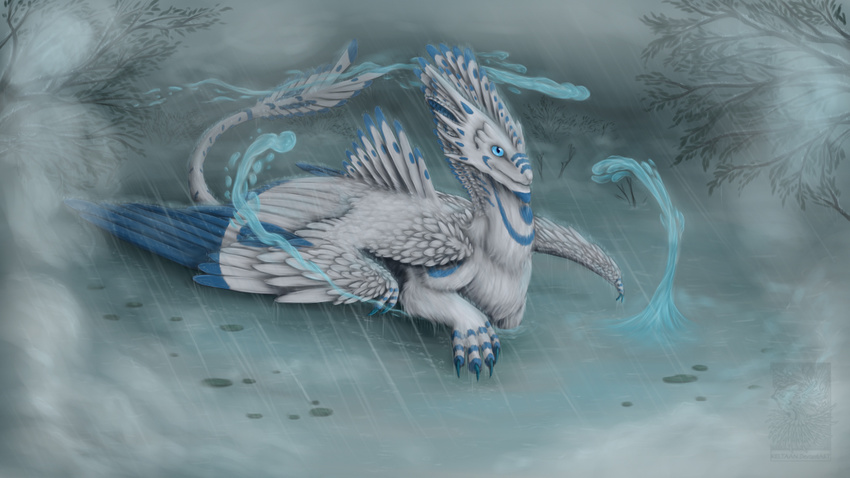 16:9 blue_body blue_eyes blue_feathers claws daiman_night_dragon_(keltaan) dragon feathered_dragon feathered_scalie feathered_wings feathers feral keltaan male mythological_creature mythological_scalie mythology raining scalie solo tail white_body white_feathers widescreen wings