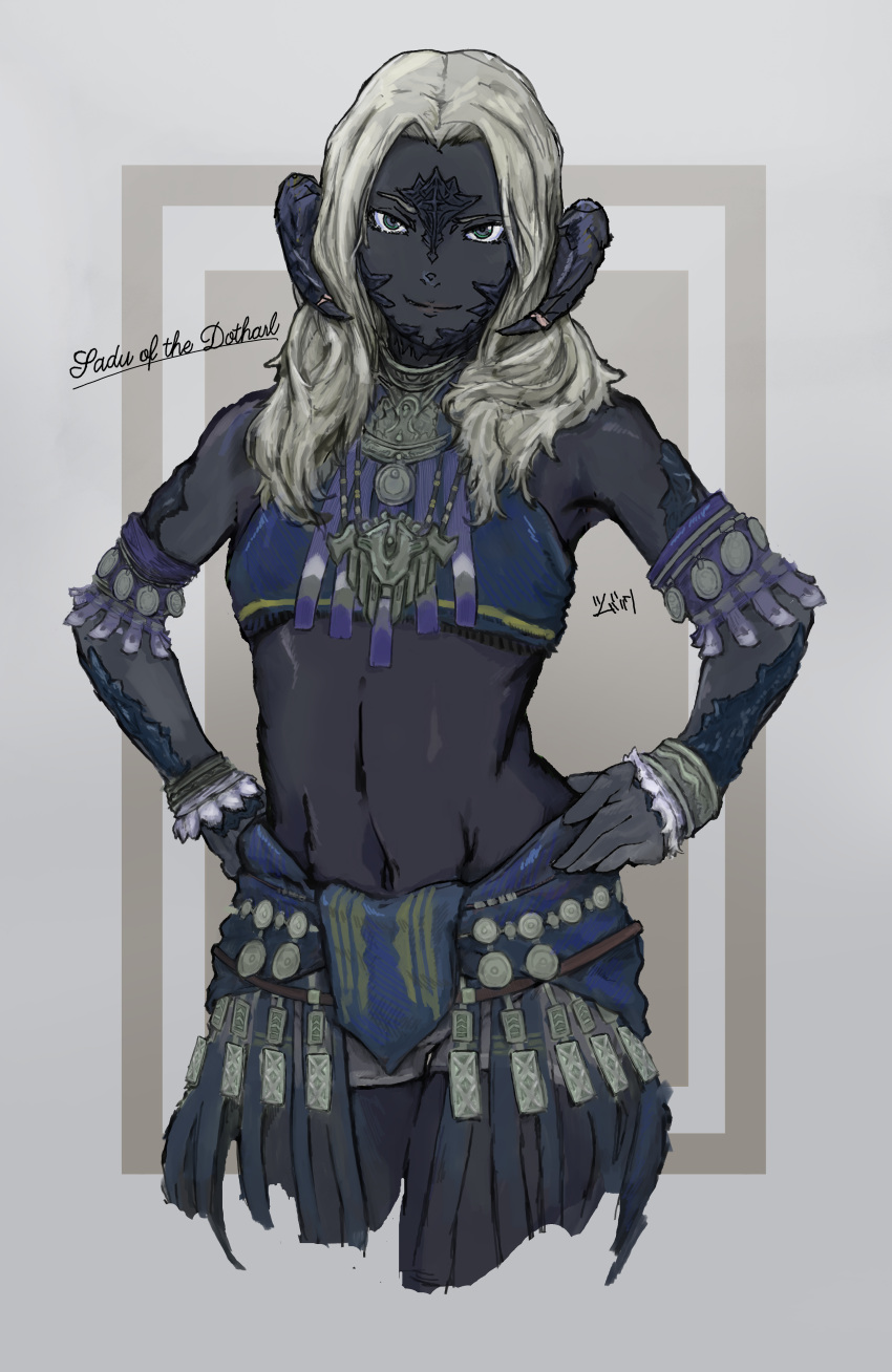 absurdres armlet au_ra bad_id bad_pixiv_id bare_shoulders black_horns black_skin bracelet character_name closed_mouth colored_skin commentary_request cowboy_shot crop_top cropped_legs dark-skinned_female dark_skin dragon_girl dragon_horns female final_fantasy final_fantasy_xiv green_eyes grey_eyes grey_hair hands_on_own_hips highres horn_ornament horn_ring horns jewelry long_hair midriff multicolored_eyes navel ringed_eyes sadu_dotharl scales shorts smile smug solo stomach tumubar117