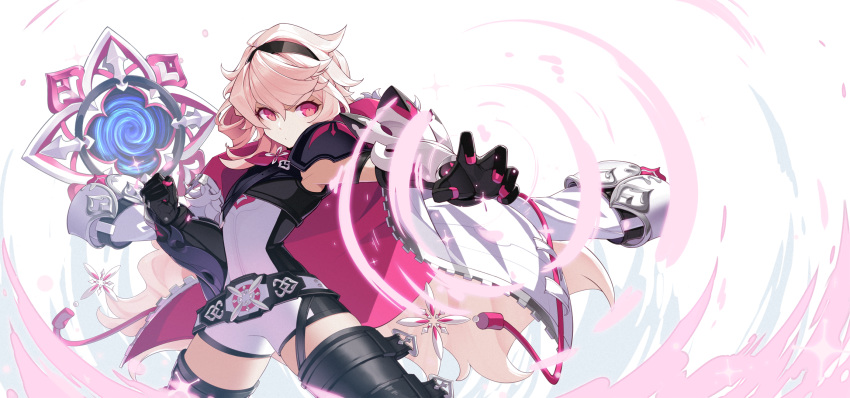 armor bad_id bad_pixiv_id belt black_gloves black_thighhighs blonde_hair bodysuit bracer coat cowboy_shot drawstring elsword eternity_winner_(elsword) female flat_chest flower gauntlets gloves hairband highres laby_(elsword) long_hair magic manamachii mandala one_side_up open_clothes open_coat pauldrons portal_(object) red_eyes ripples shoulder_armor solo sparkle thighhighs very_long_hair white_bodysuit white_coat wind