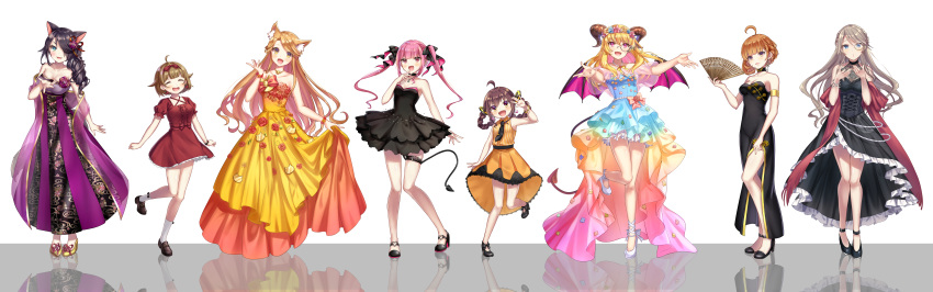 absurdres animal_ear_fluff animal_ears black_hair blonde_hair blue_eyes blush brown_hair character_request clothes_lift clow dress dress_lift dress_shirt dressing female green_eyes grey_hair highres horns iriam long_hair pink_eyes pink_hair red_eyes shirt short_hair skirt_hold tail twintails very_long_hair virtual_youtuber wings yellow_eyes