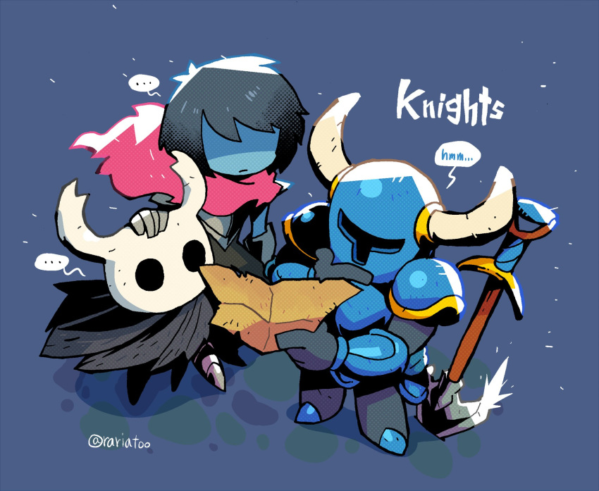 ... 1boy 2others androgynous armor black_hair blue_background blue_skin cloak closed_mouth colored_skin commentary crossover deltarune english_text fake_horns gloves hand_on_another's_head helmet highres holding holding_map hollow_knight horned_helmet horns knight_(hollow_knight) kris_(deltarune) map multiple_others nail_(hollow_knight) rariatto_(ganguri) red_scarf scarf shaded_face shovel shovel_knight shovel_knight_(character) simple_background spoken_ellipsis symbol-only_commentary trait_connection twitter_username weapon