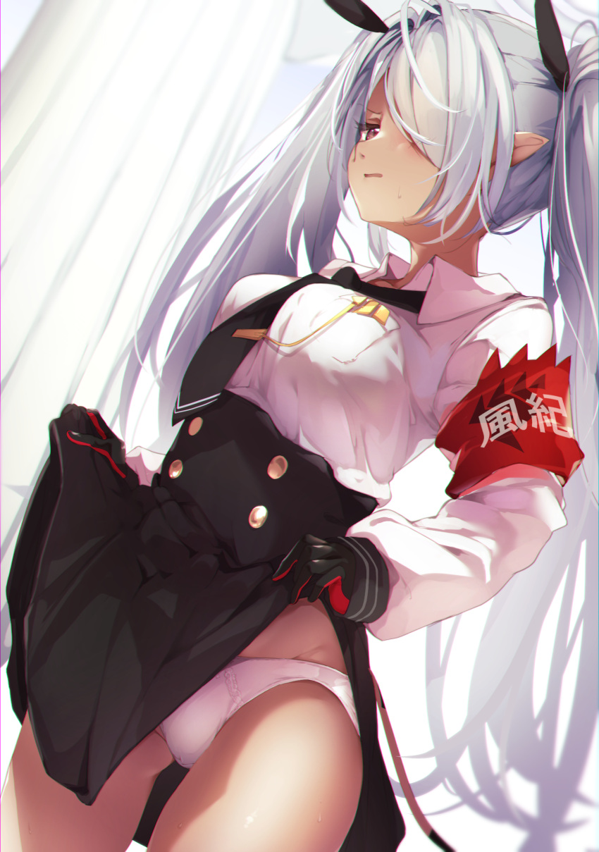 armband bad_id bad_pixiv_id black_gloves black_necktie black_ribbon black_skirt blue_archive breasts clothes_lift collared_shirt commentary_request cowboy_shot dark-skinned_female dark_skin female gloves grey_hair hair_over_one_eye hair_ribbon high-waist_skirt highres iori_(blue_archive) lifting_own_clothes long_hair long_sleeves looking_at_viewer medium_breasts necktie panties parted_lips pointy_ears ribbon shirt skirt skirt_lift solo standing suwakana sweatdrop twintails underwear very_long_hair white_panties white_shirt