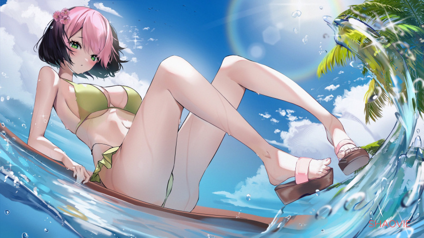 arm_support artist_name ass bikini black_hair blush breasts cloud cloudy_sky commentary day dutch_angle english_commentary feet female flower frilled_bikini frills full_body green_bikini green_eyes hair_flower hair_ornament highres knees_up large_breasts leaning_back legs lens_flare long_legs looking_at_viewer medium_hair multicolored_hair navel ocean osu! outdoors palm_tree parted_bangs pink_flower pink_hair pippi_(osu!) platform_footwear sandals shadow shaoviie sitting sky solo splashing swimsuit thighs toenails toes tree two-tone_hair water wet