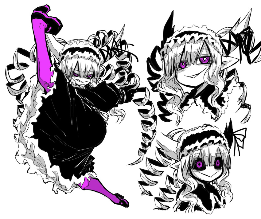 :> black_sclera colored_sclera drill_hair evil_eyes female goth_fashion gothic_lolita highres kicking lolita_fashion monochrome multiple_views musuko_ga_kawaikute_shikatanai_mazoku_no_hahaoya nightmare_(mazohaha) purple_eyes purple_legwear zyugoya