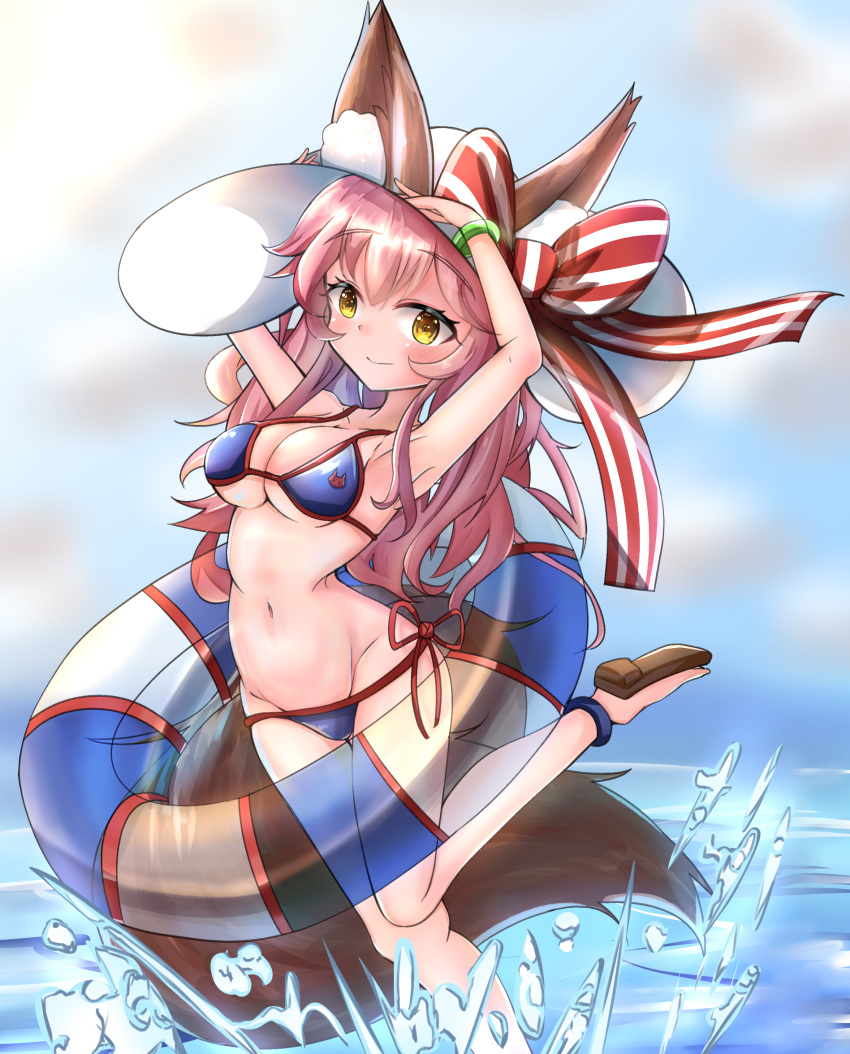 animal_ear_fluff animal_ears bikini blue_sky breasts cleavage cloud collarbone commentary dated_commentary day fate/grand_order fate_(series) female fox_ears fox_girl fox_tail groin hat highres horizon innertube large_breasts navel ocean outdoors pink_hair ribbon side-tie_bikini_bottom sky solo stomach sun_hat sunlc swim_ring swimsuit tail tamamo_(fate) tamamo_no_mae_(swimsuit_lancer)_(fate) tamamo_no_mae_(swimsuit_lancer)_(third_ascension)_(fate) water yellow_eyes