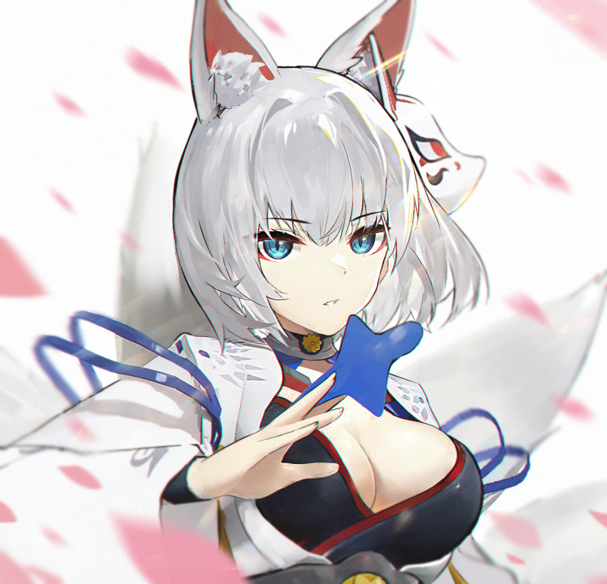 animal_ear_fluff animal_ears aqua_eyes azur_lane banxuan_c2ka blurry breasts cleavage depth_of_field eyeliner female fox_ears fox_mask highres kaga_(azur_lane) large_breasts makeup mask mask_on_head parted_lips shikigami short_hair solo underbust upper_body white_hair