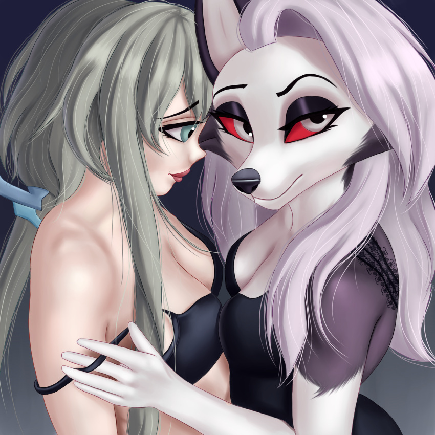 1:1 2023 absurd_res anthro black_body black_bra black_clothing black_fur black_nose black_underwear bra breasts canid canid_demon canine canis clothing crossover demon demongirl_demoness digital_drawing_(artwork) digital_media_(artwork) dress duo eyebrows female female/female female_on_anthro female_on_human fur genshin_impact grey_hair guizhong_(genshin_impact) hair hellhound helluva_boss hi_res human human_on_anthro interspecies loona_(helluva_boss) mammal mihoyo multicolored_body multicolored_fur mythological_canine mythological_creature mythology red_sclera underwear white_body white_fur wolf