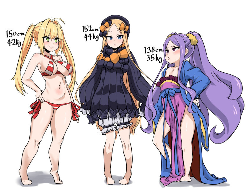 3girls abigail_williams_(fate) ahoge asanagi_(style) barefoot bikini blonde_hair blue_eyes blush bow breasts cleavage commentary_request dress fate/grand_order fate_(series) green_eyes hairbow hand_on_own_hip hat height_difference highres kishin_tatu long_hair multiple_girls navel nero_claudius_(fate) nero_claudius_(swimsuit_caster)_(fate) open_mouth parted_bangs purple_eyes purple_hair simple_background sleeves_past_wrists sling_bikini_top swimsuit tiptoes twintails very_long_hair white_background wu_zetian_(fate) wu_zetian_(first_ascension)_(fate)