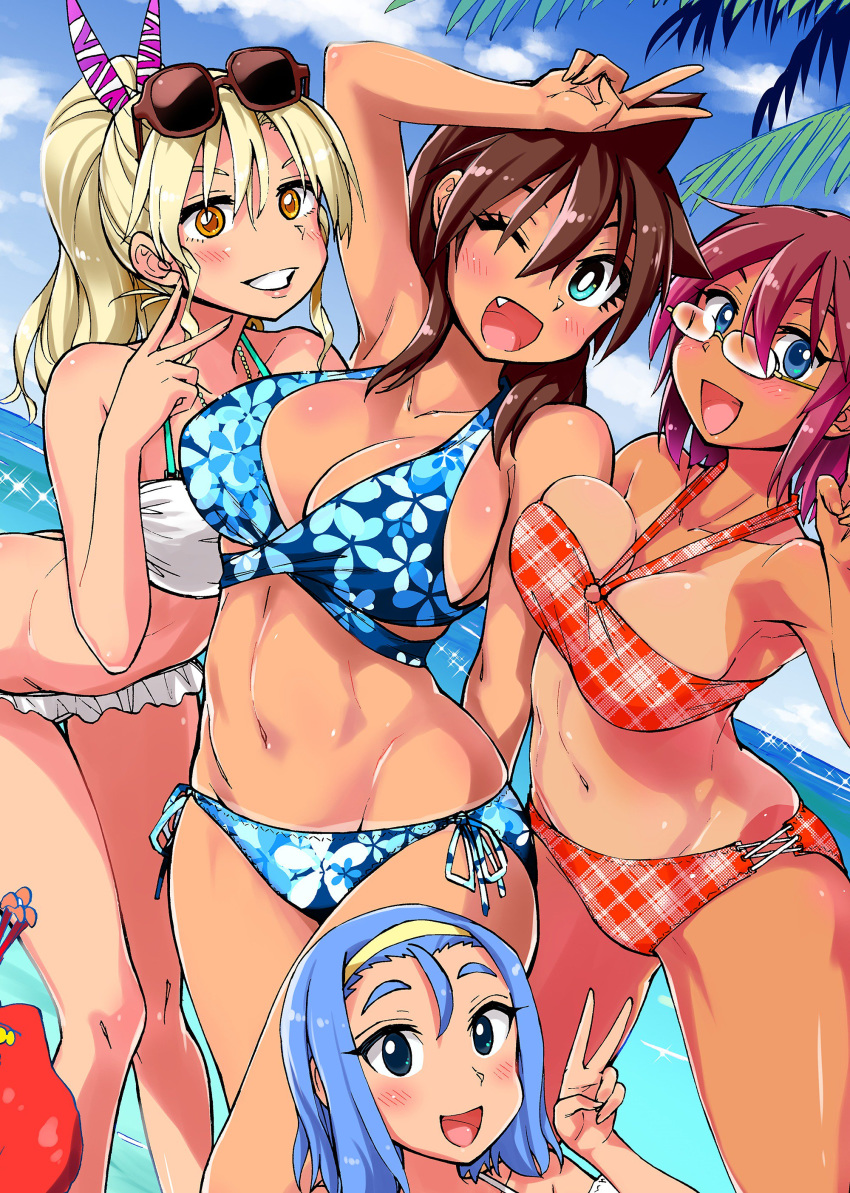 4girls absurdres amano_megumi amano_megumi_wa_suki_darake! aqua_eyes arm_behind_back arm_up bead_bracelet beads bikini blonde_hair blue_bikini blue_eyes blue_hair blush bracelet breasts bright_pupils brown_hair day dutch_angle eyewear_on_head floral_print grin hairband halterneck high_ponytail highres jewelry large_breasts long_hair looking_at_viewer misawa_mio multiple_girls navel nekoguchi oerba_yun_fang official_art one-piece_tan one_eye_closed onizuka_kaede open_mouth outdoors plaid plaid_bikini ponytail red_bikini red_hair rimless_eyewear round_eyewear short_hair side-tie_bikini_bottom single_bang smile swimsuit tamaki_shiori tan tanlines v yellow_eyes