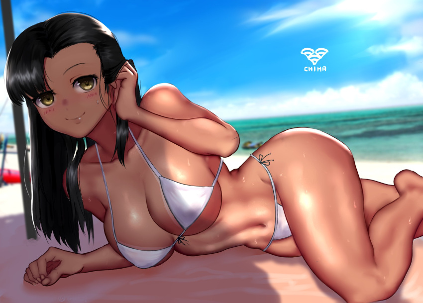 asymmetrical_bangs bad_id bad_twitter_id beach bikini black_hair blue_sky breasts brown_eyes closed_mouth cloud cloudy_sky commentary day female front-tie_bikini_top front-tie_top girls_und_panzer hand_in_own_hair highres horizon large_breasts leg_up long_hair lying navel nishi_kinuyo ocean on_side outdoors shade side-tie_bikini_bottom sky smile solo straight_hair string_bikini sweat swimsuit takefu_jiin tan white_bikini