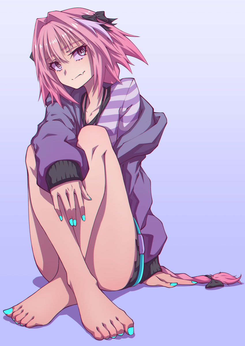 1boy absurdres aqua_nails arm_support astolfo_(fate) astolfo_(memories_at_trifas)_(fate) barefoot bow braid braided_ponytail closed_mouth fate/apocrypha fate_(series) feet hairbow hej_(mugmnm51) highres jacket legs long_hair long_legs long_sleeves looking_at_viewer male_focus multicolored_hair nail_polish oerba_yun_fang official_alternate_costume otoko_no_ko pink_hair purple_jacket shirt sitting skin_fang sleeves_past_wrists solo streaked_hair striped_clothes striped_shirt toenail_polish toenails toes very_long_hair