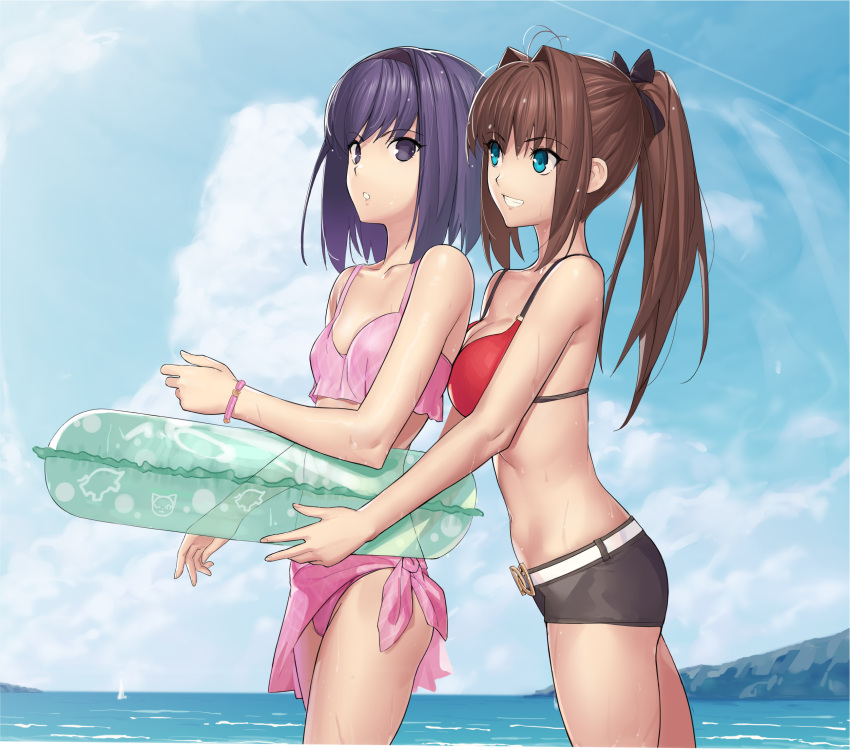 2girls alternate_costume alternate_hairstyle aozaki_aoko beach belt belt_buckle bikini black_eyes black_hair black_ribbon black_shorts blue_eyes blue_sky breasts brown_hair buckle cloud collarbone commentary_request cqqz0707 cumulonimbus_cloud green_innertube grin hair_intakes hair_ribbon highres innertube kuonji_alice long_hair looking_at_another mahou_tsukai_no_yoru medium_breasts multiple_girls ocean outdoors pink_bikini pink_sarong ponytail ribbon sarong short_hair short_shorts shorts sky small_breasts smile standing swim_ring swimsuit teeth wading water wet white_belt