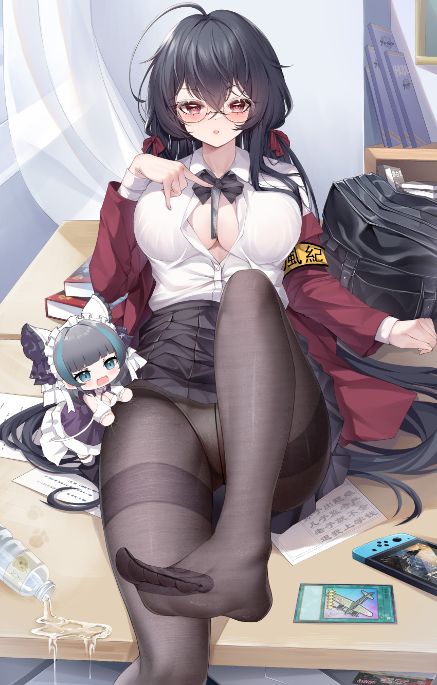 2girls :o absurdres ahoge armband azur_lane between_breasts black_bag black_bow black_bowtie black_hair black_skirt book bottle bow bowtie breasts cheshire_(azur_lane) chibi cleavage collared_shirt commentary_request crossed_bangs curtains desk dress_shirt fake_trading_card feet fine_fabric_emphasis foot_focus foot_out_of_frame glasses hair_between_eyes handheld_game_console highres huge_ahoge indoors jacket kanon_(sinto) large_breasts leaning_back leg_up long_hair long_sleeves multiple_girls nintendo_switch no_bra no_shoes official_alternate_costume on_desk open_clothes open_jacket panties panties_under_pantyhose pantyhose paper partially_unbuttoned pleated_skirt presenting_foot red_eyes red_jacket round_eyewear school_uniform see-through see-through_legwear shirt sitting skirt spill taihou_(azur_lane) taihou_(sweet_time_after_school)_(azur_lane) the_legend_of_zelda the_legend_of_zelda:_breath_of_the_wild thighband_pantyhose toes trading_card underwear water white_shirt yellow_armband yu-gi-oh!