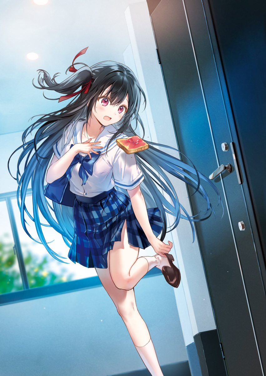 absurdres bag blue_neckerchief blue_skirt bread bread_slice commentary_request cover cover_image door female food hair_ribbon hand_on_own_chest hanekoto highres indoors late_for_school loafers long_hair natsunagi_nagisa neckerchief novel_illustration official_art open_mouth plaid plaid_skirt pleated_skirt putting_on_shoes red_eyes red_ribbon ribbon sailor_collar sailor_shirt school_bag school_uniform second-party_source serafuku shirt shoes single_sidelock skirt socks solo tantei_wa_mou_shindeiru tantei_wa_mou_shindeiru_(ordinary_case) textless_version toast very_long_hair white_sailor_collar white_shirt white_socks window