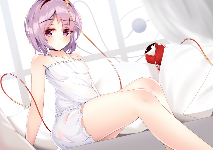 bed bloomers blush closed_mouth collarbone commentary curtains eyelashes female hairband highres ke-ta_(style) knees komeiji_satori looking_at_viewer mantou_xiang pillow purple_eyes purple_hair red_hairband short_hair solo standing tank_top thighs third_eye touhou underwear