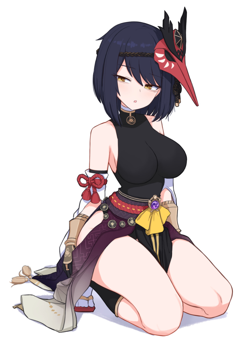 bebetang bird_mask black_hair black_shirt breasts female full_body genshin_impact half-closed_eyes highres kneeling kujou_sara large_breasts mask shirt short_hair simple_background sleeveless solo thighs white_background