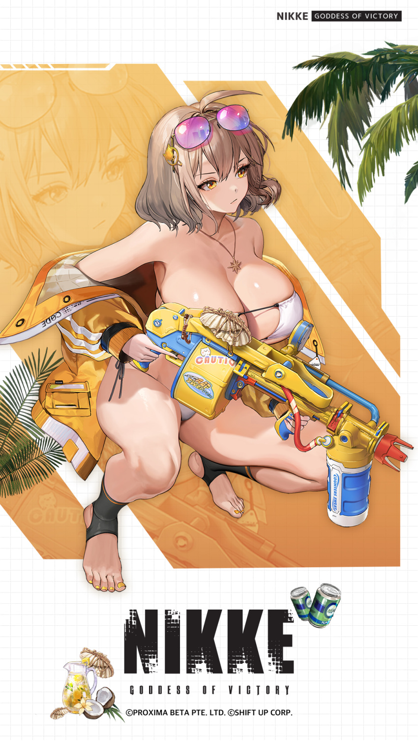 ahoge anis_(nikke) anis_(sparkling_summer)_(nikke) bare_shoulders bikini black_socks breasts cat_hair_ornament collarbone copyright_name english_text eyepatch_bikini eyewear_on_head feet female foreshortening goddess_of_victory:_nikke grid_background gun hair_ornament highres holding holding_gun holding_weapon jacket jewelry large_breasts light_brown_hair long_sleeves looking_to_the_side medium_hair mikan03_26 nail_polish no_shoes official_alternate_costume official_art open_clothes open_jacket pink-tinted_eyewear seashell shell side-tie_bikini_bottom skindentation socks squatting stirrup_legwear sunglasses swimsuit thighs tinted_eyewear toeless_legwear toenail_polish toenails toes underboob weapon white_bikini yellow_nails zoom_layer