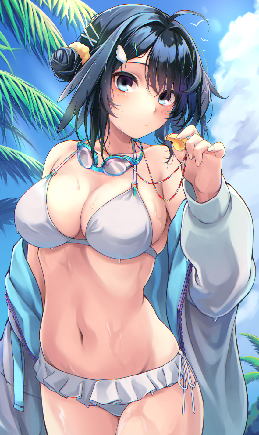 absurdres ahoge arknights bare_shoulders bikini black_hair blue_eyes blue_sky blush breasts cleavage cloud commentary cowboy_shot day female goggles goggles_around_neck grey_jacket groin hand_up highres holding jacket jacket_over_swimsuit la_pluma_(arknights) la_pluma_(summer_flowers)_(arknights) large_breasts looking_at_viewer nameko_houshi navel off_shoulder official_alternate_costume outdoors short_hair sky solo standing stomach swimsuit whistle white_bikini