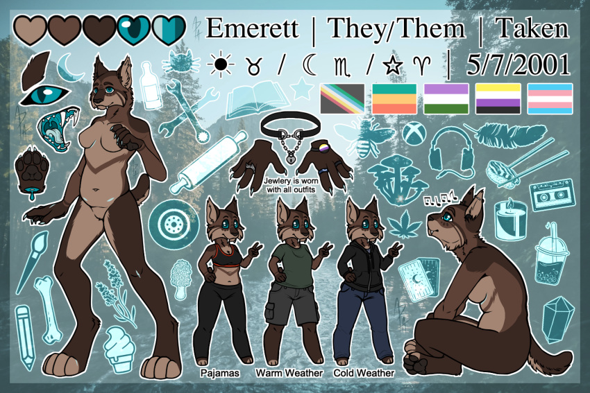 3:2 accessory alternate_pansexual_pride_colors alternate_pride_colors andromorph_(lore) anthro artist black_text bracelet breasts brown_body brown_fur car claws clothed clothing color_swatch detailed detailed_background digital_media_(artwork) digitigrade disability_pride_colors ear_piercing emerettart english_text featureless_breasts featureless_crotch felid feline felis female fur genderqueer_pride_colors hysterectomy_scar inframammary_scar jewelry lgbt_pride looking_at_viewer lynx magic_user mammal model_sheet multicolored_bracelet multicolored_jewelry necklace nonbinary_(lore) nonbinary_pride_colors nude open_mouth outfit_reference pansexual_pride_colors piercing pride_color_accessory pride_color_bracelet pride_color_jewelry pride_colors ring scar smile solo subculture_pride_colors teeth text tongue transgender_pride_colors vehicle visibly_trans witch zodiac_sign zodiac_symbol